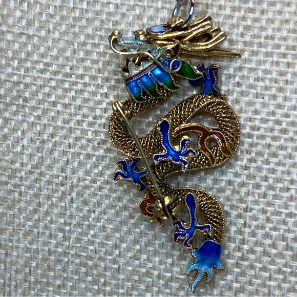 Antique CHINESE DRAGON Gold Gilt 925 Sterling Silver Cloisonné Brooch/Pendant. - Picture 8 of 15